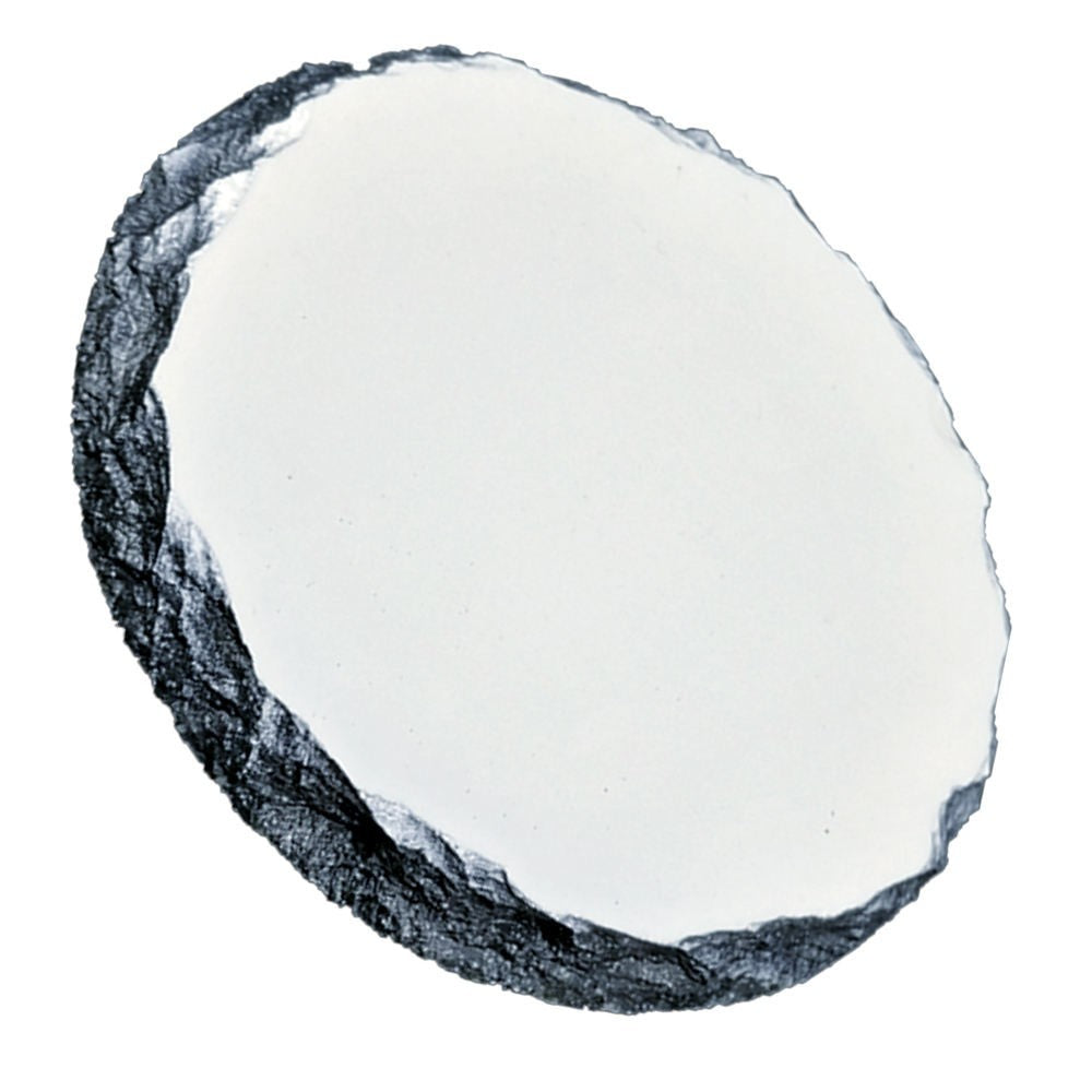 A round slate Coaster with a natural rough dark gray edge and a smooth white top surface, isolated on a white background.