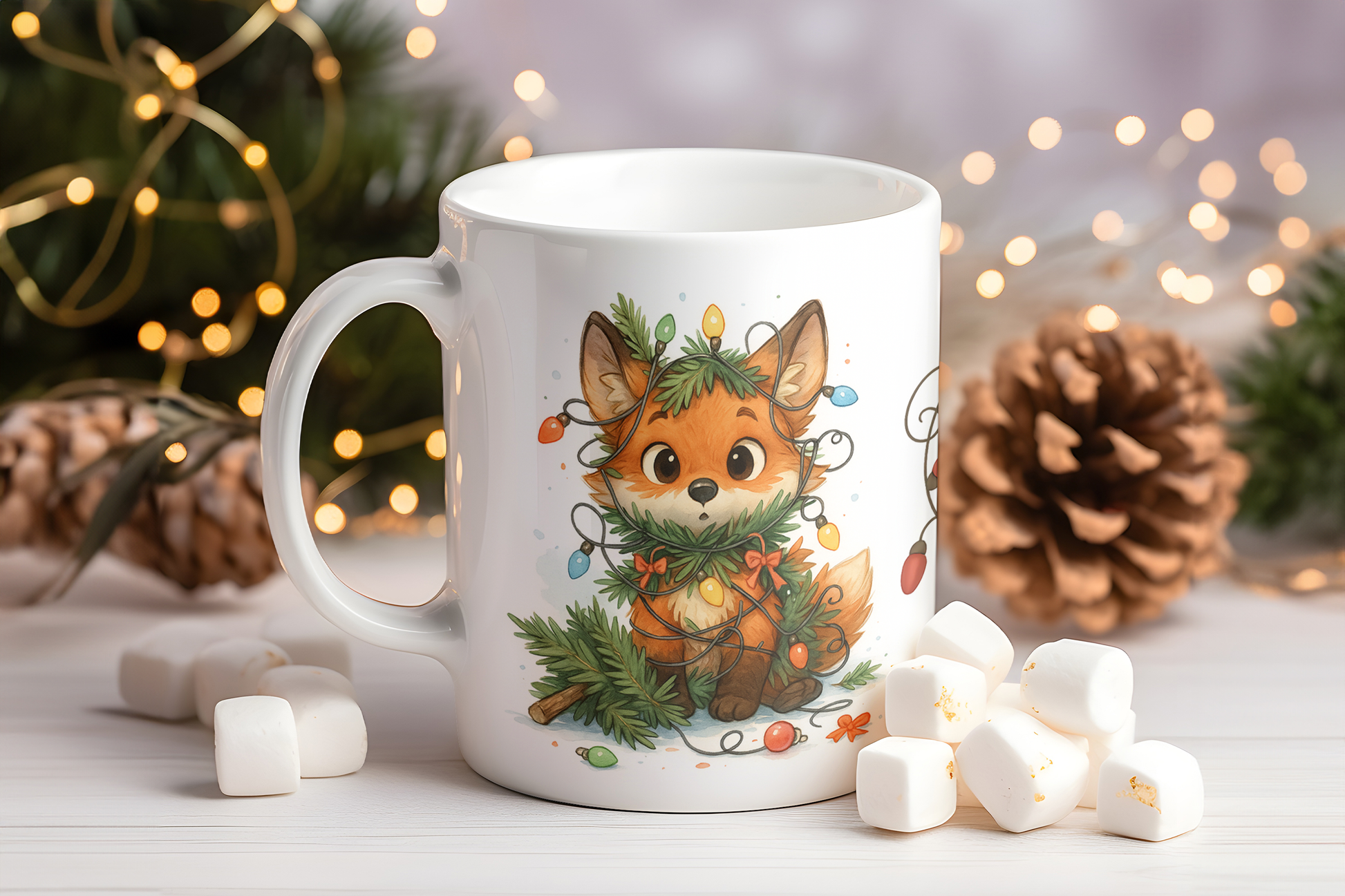 A white ceramic mug featuring a cute illustration of a smiling orange fox wearing a green pine wreath and colorful holiday lights, styled on a white surface with marshmallows and pinecones against a warm, blurred festive background.