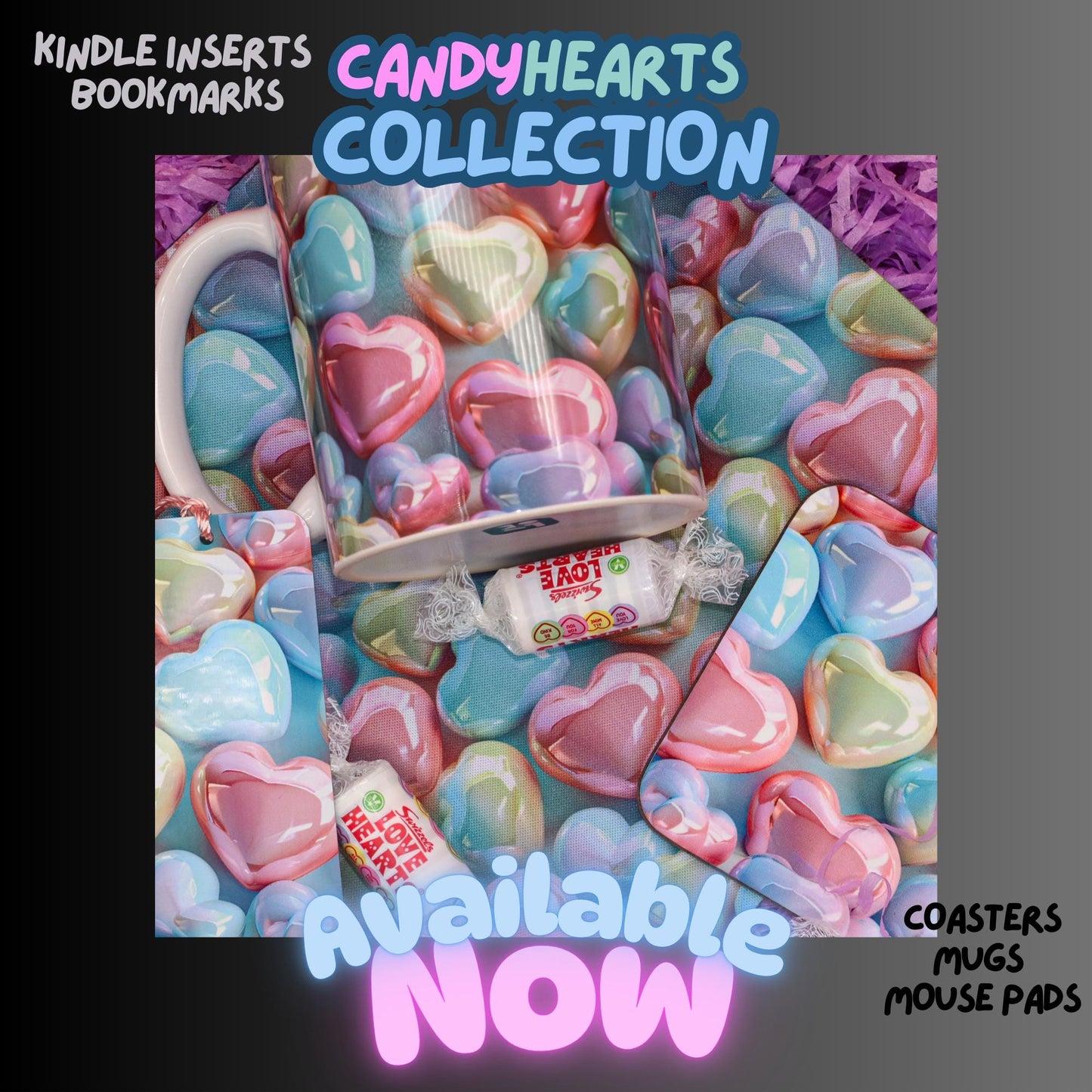 Collection of candy heart themes items. Showcasing Mug, Bookmark, Coaster and Mouse Mat