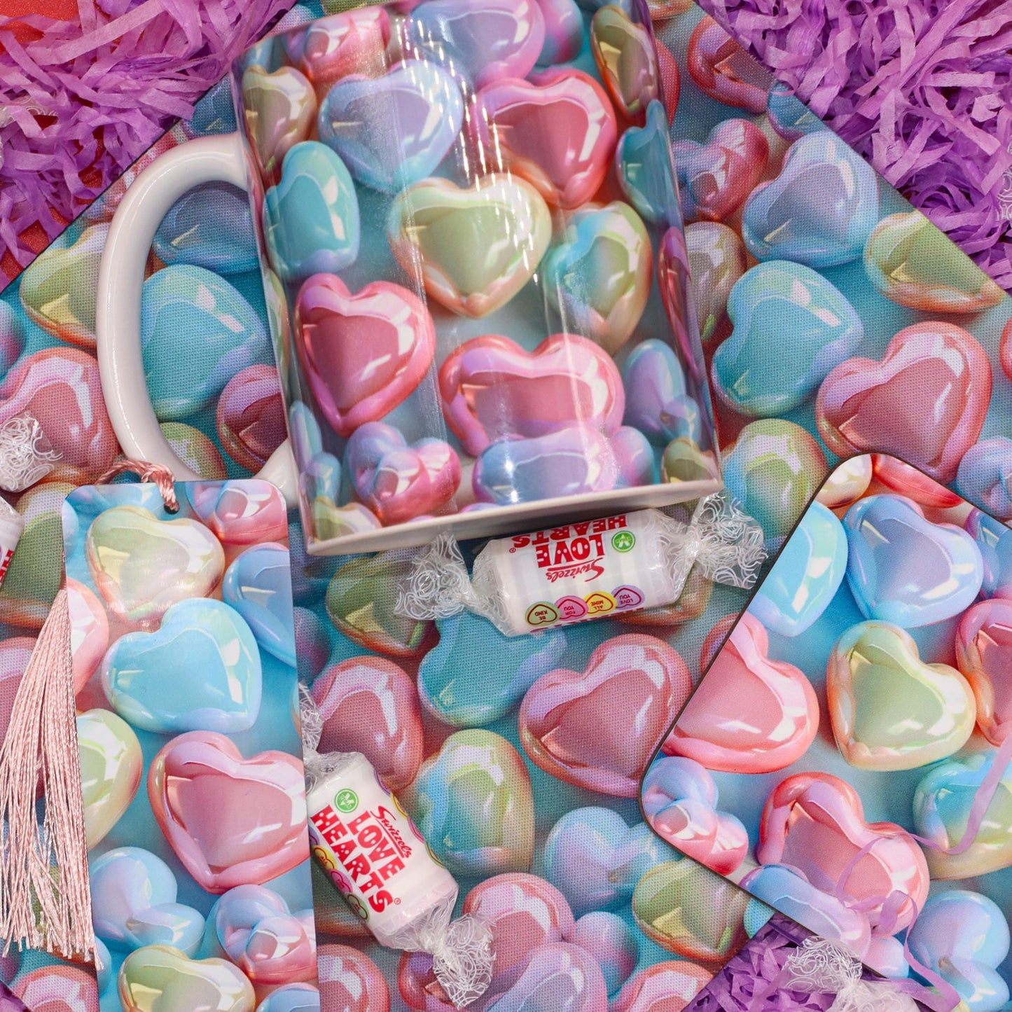 Collection of candy heart themes items. Showcasing Mug, Bookmark, Coaster and Mouse Mat