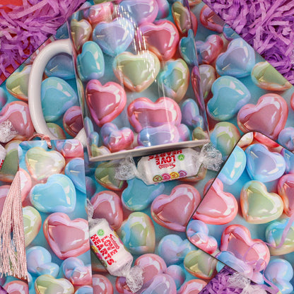 Collection of candy heart themes items. Showcasing Mug, Bookmark, Coaster and Mouse Mat
