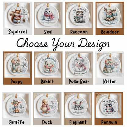 A collage showing multiple round Christmas ornament designs with illustrated animals and customizable text, arranged in a grid with the large text 'Choose Your Design' in the center. Designs include Squirrel, Seal, Raccoon, Reindeer, Puppy, Rabbit, Polar Bear, Kitten, Giraffe, Duck, Elephant, and Penguin.