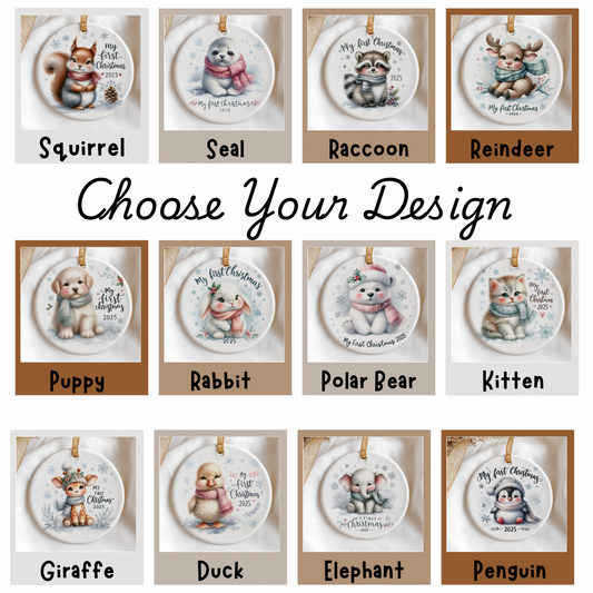 A collage showing multiple round Christmas ornament designs with illustrated animals and customizable text, arranged in a grid with the large text 'Choose Your Design' in the center. Designs include Squirrel, Seal, Raccoon, Reindeer, Puppy, Rabbit, Polar Bear, Kitten, Giraffe, Duck, Elephant, and Penguin.