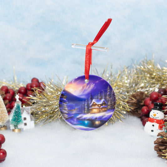 A round Christmas ornament featuring a painted winter village scene with a glowing cabin under a purple and blue night sky, hanging from a red ribbon. The ornament is styled on a snowy surface with gold tinsel, red berries, pinecones, miniature houses, and a snowman.