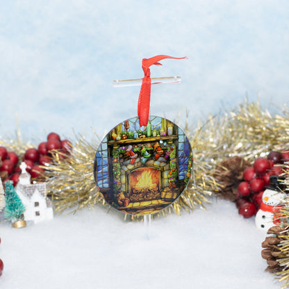 A round Christmas ornament featuring a colourful stained-glass-style fireplace scene, hanging from a red ribbon on a clear stand. The ornament is photographed in a festive holiday setup with gold tinsel, red berries, pinecones, a small house, and a snowman against a soft light blue and white background.