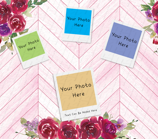 A decorative digital template showing four  photo frames with placeholder text 'Your Photo Here' arranged on a pink wood-plank background with floral accents in the corners.