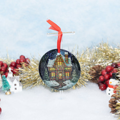 A round Christmas ornament featuring an illustrated cozy house at night with snow on the roof, hanging by a red ribbon in a festive holiday setting with tinsel, berries, pinecones, and small decorative houses.