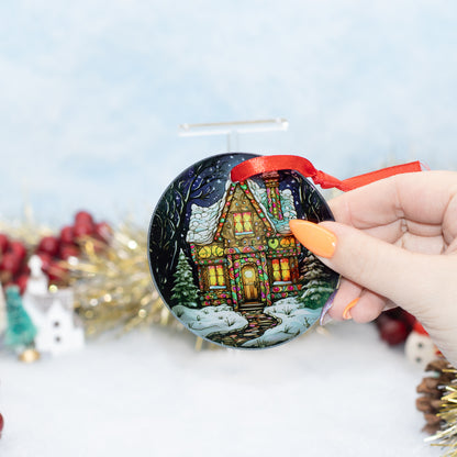 A hand holds a round Christmas ornament featuring a painted winter cabin scene with snow, trees, and warm glowing windows. The ornament has a red ribbon loop and is photographed against a softly blurred festive background with tinsel and holiday decor.
