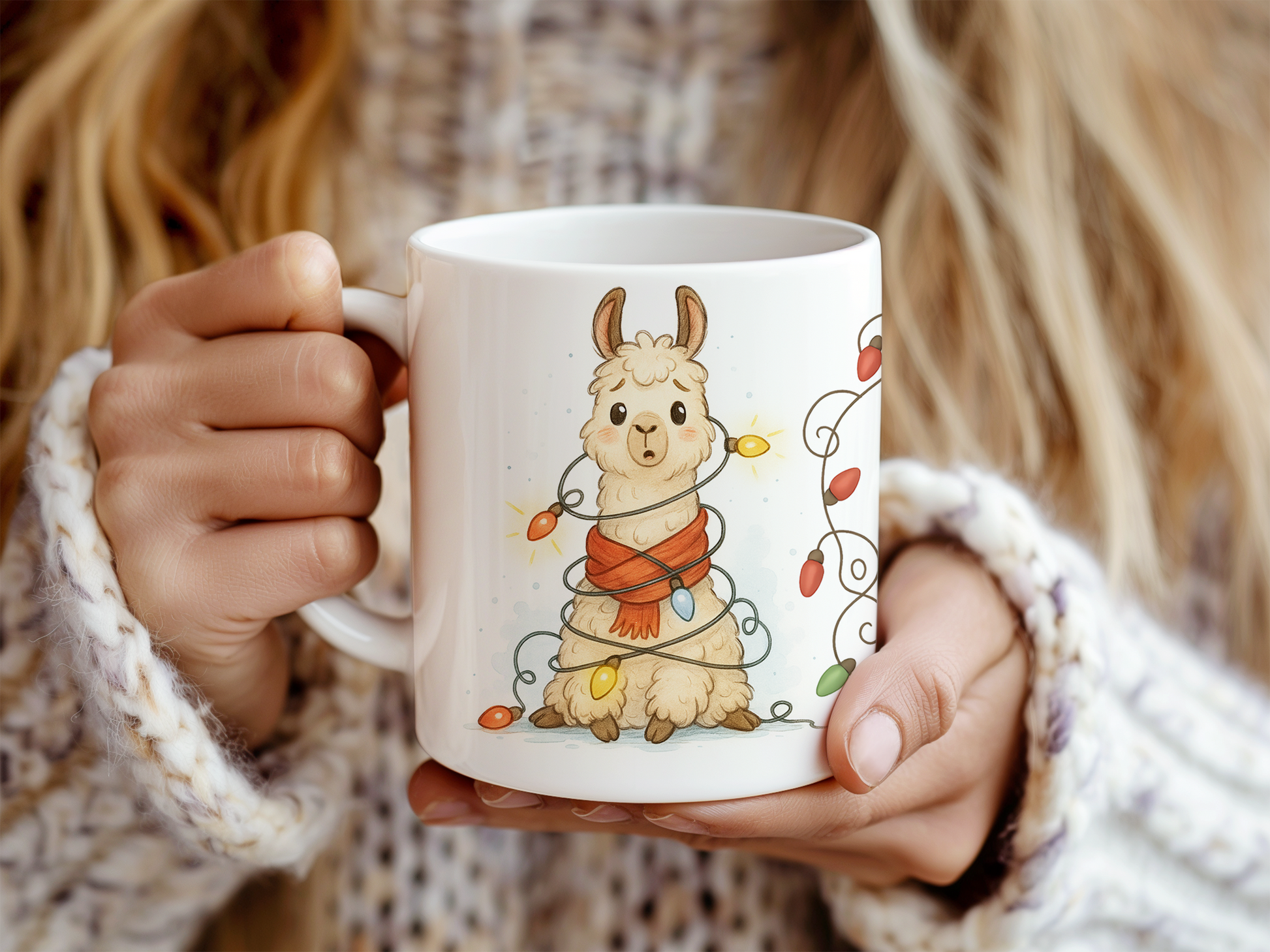 A person holding a white ceramic mug with a cute llama illustration wrapped in an orange scarf and surrounded by colorful holiday lights. 