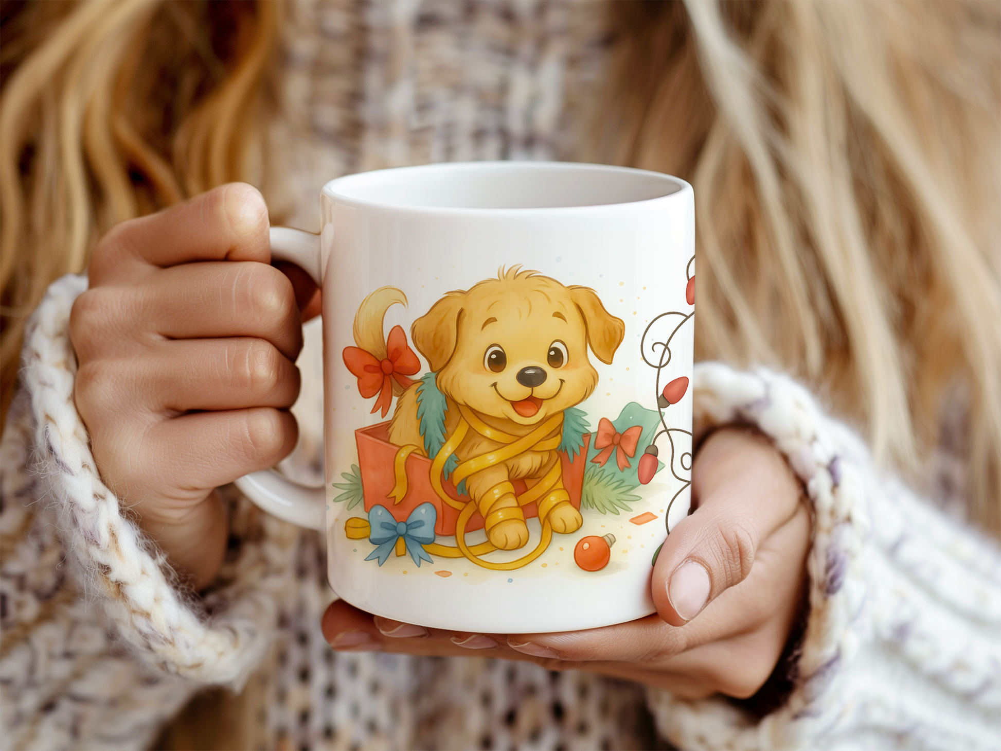a white ceramic mug with a cute cartoon puppy illustration, 