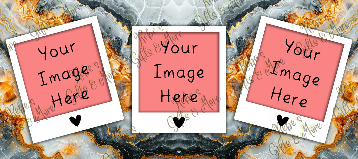 Three Polaroid-style photo frames with pink placeholder inserts and the text 'Your Image Here' are arranged on a marbled gold, gray, and black background with a faint repeating watermark.