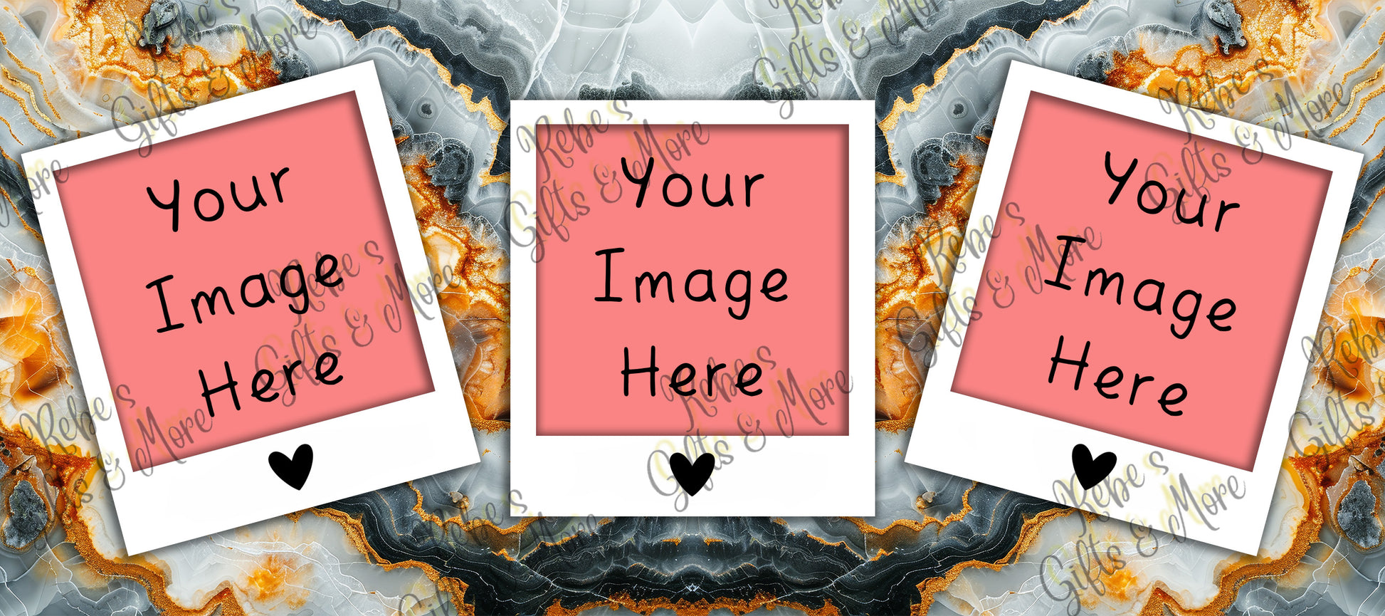 Three Polaroid-style photo frames with pink placeholder inserts and the text 'Your Image Here' are arranged on a marbled gold, gray, and black background with a faint repeating watermark.