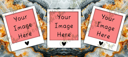 Three Polaroid-style photo frames with pink placeholder inserts and the text 'Your Image Here' are arranged on a marbled gold, gray, and black background with a faint repeating watermark.