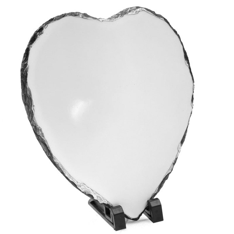 Heart-shaped Slate with a rough, natural slate edge, displayed on a small black stand against a white background.
