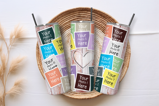 Three tall insulated tumblers with metal straws are arranged on a round woven tray over a white wood surface. The tumblers have a collage-style wrap of colorful placeholder photo tiles with text reading 'Your photo here.