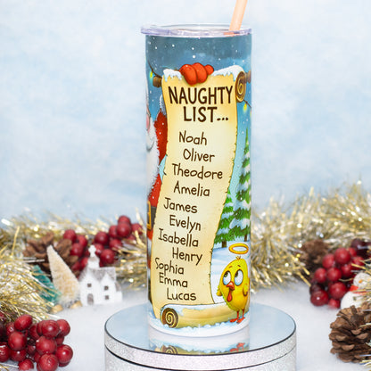 A tall clear tumbler with a printed holiday design featuring a parchment scroll labeled 'NAUGHTY LIST.