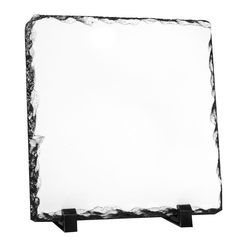 A square black photo slate with rough natural edges, displayed on a small black stand against a plain white background.