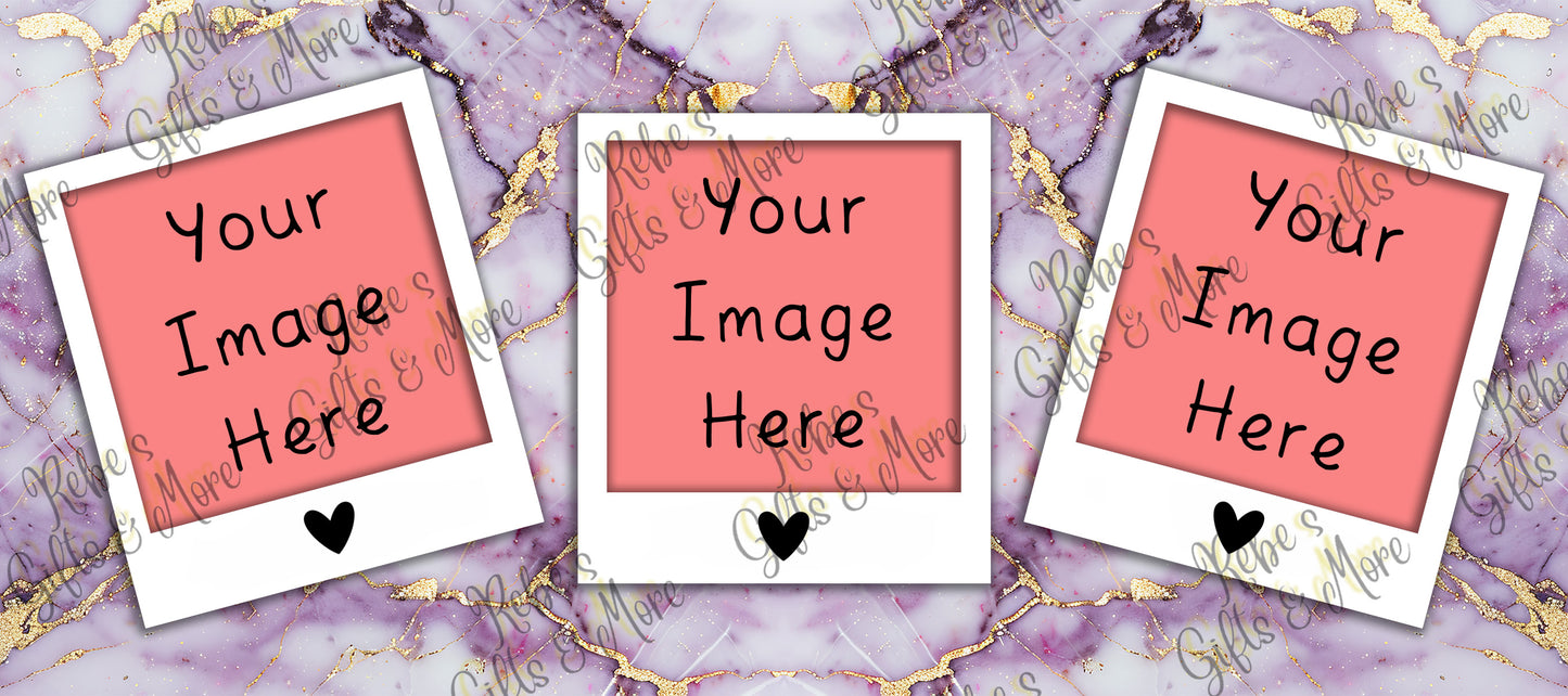 Three Polaroid-style photo frames with pink placeholder inserts reading 'Your Image Here' and small black hearts, arranged on a purple marbled background with gold chain details.
