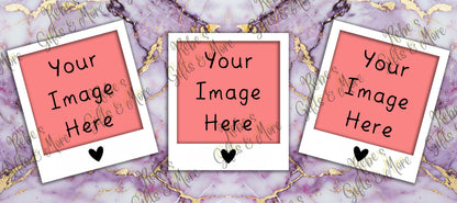 Three Polaroid-style photo frames with pink placeholder inserts reading 'Your Image Here' and small black hearts, arranged on a purple marbled background with gold chain details.