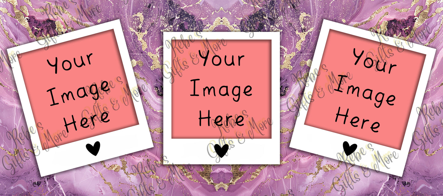 Three Polaroid-style photo frames with white borders and pink centers, each reading 'Your Image Here' with a small black heart, arranged on a purple marbled background with gold glitter-like texture.