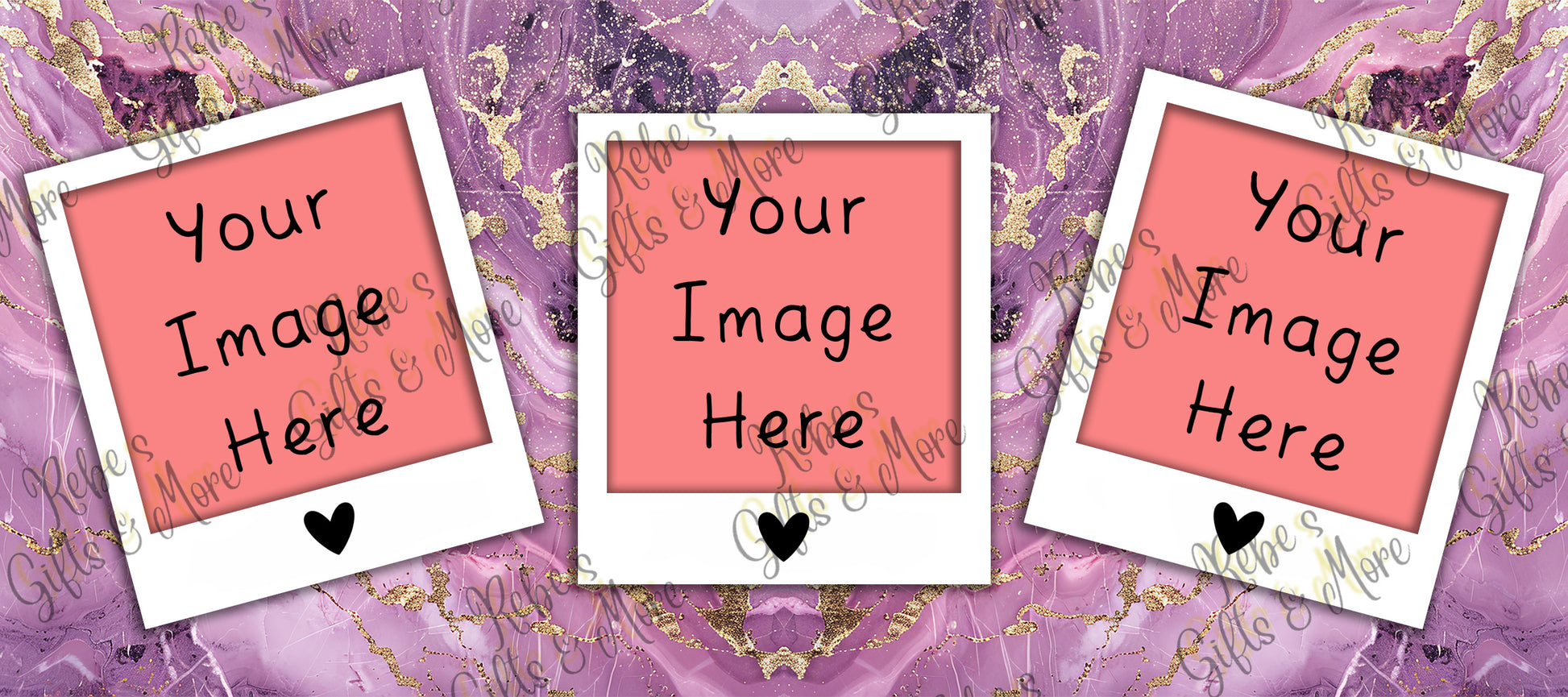 Three Polaroid-style photo frames with white borders and pink centers, each reading 'Your Image Here' with a small black heart, arranged on a purple marbled background with gold glitter-like texture.