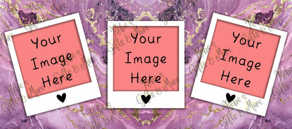 Three Polaroid-style photo frames with white borders and pink centers, each reading 'Your Image Here' with a small black heart, arranged on a purple marbled background with gold glitter-like texture.