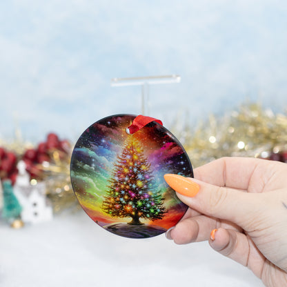 A hand holds a round Christmas ornament featuring a colourful, glowing Christmas tree under a starry night sky. The background is a soft-focus winter scene with tinsel and snow.