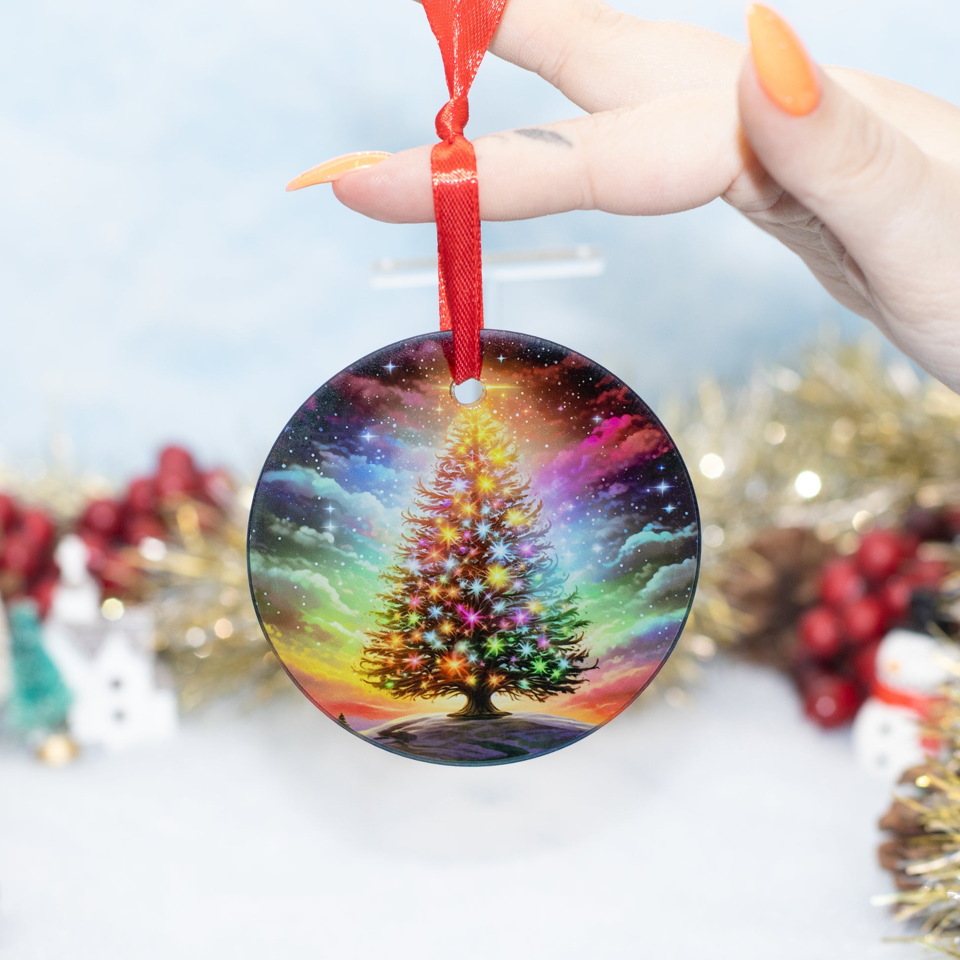 A hand holds a round Christmas ornament featuring a colourful, glowing Christmas tree under a rainbow sky. The ornament hangs from a red ribbon, with a softly blurred festive background of tinsel and red berries.