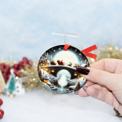 A hand holds a round Christmas ornament featuring a snowy night scene with Santa's sleigh, glowing windows, and a bright moon, attached with a red ribbon. The background is softly blurred with festive decorations.