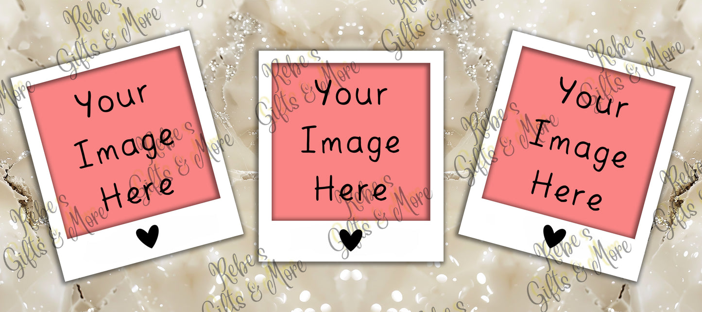 Three customizable instant photo frame templates with pink inner panels and placeholder text 'Your Image Here', displayed on a glittery gold background.