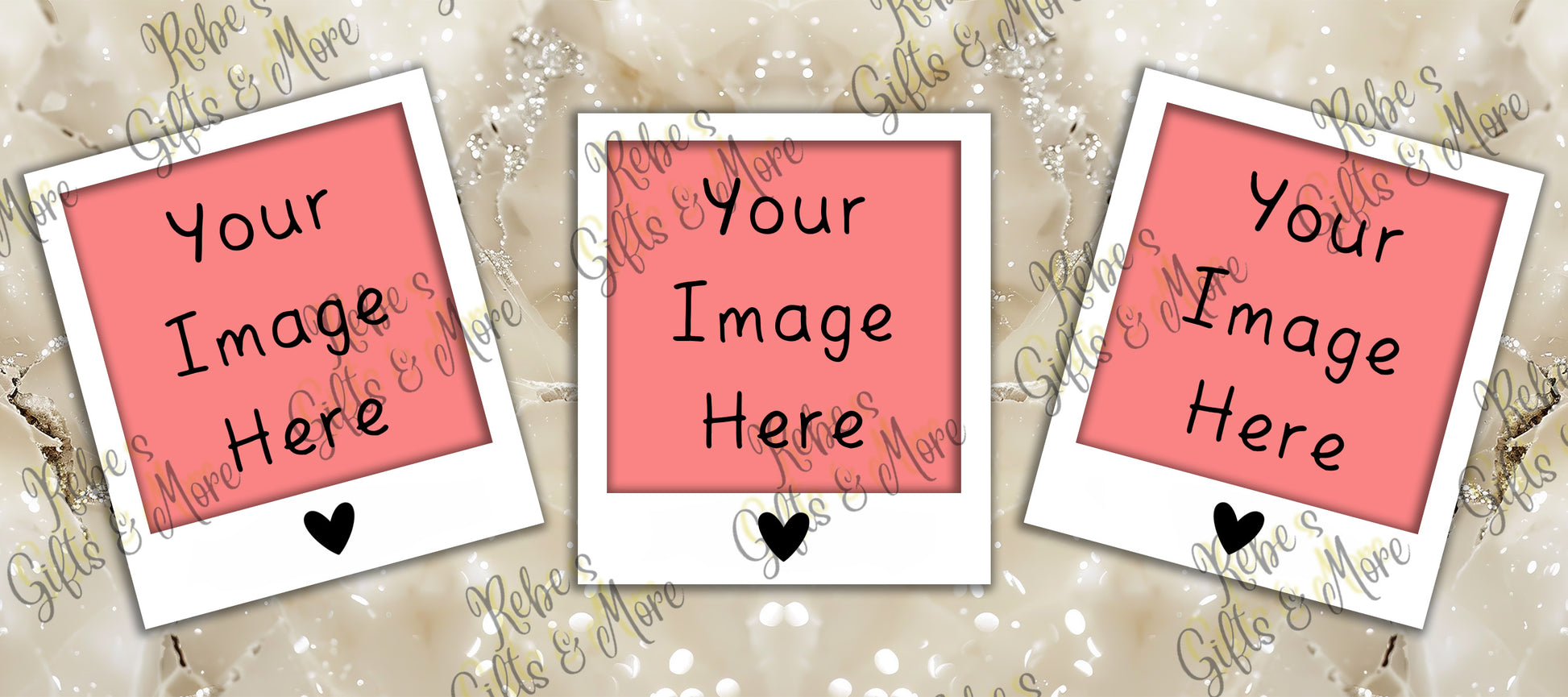 Three customizable instant photo frame templates with pink inner panels and placeholder text 'Your Image Here', displayed on a glittery gold background.