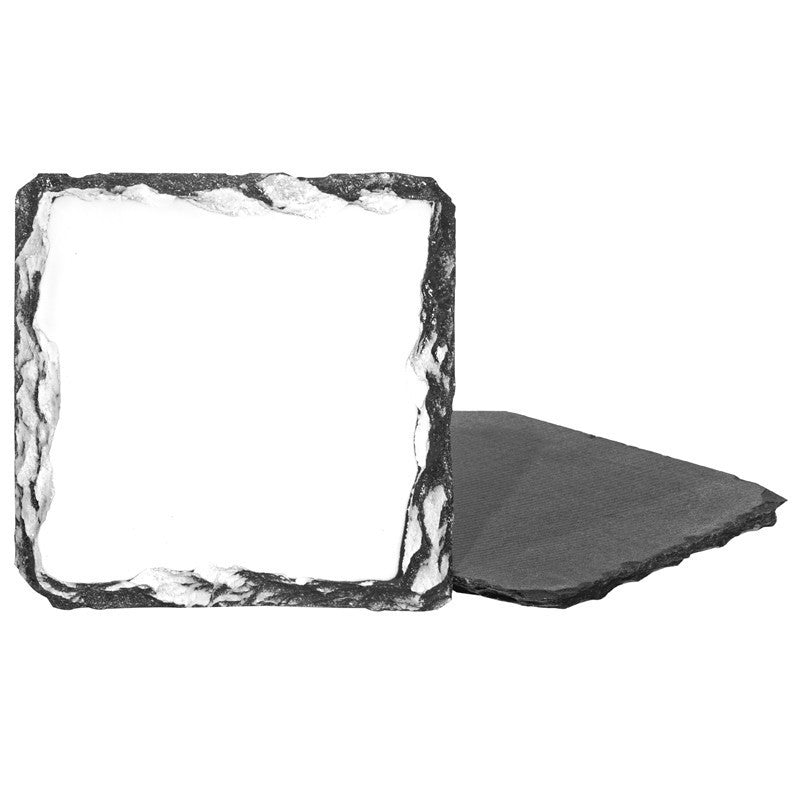A square slate coaster with a rough, textured dark gray stone border and a smooth dark gray center, shown with a second coaster partially visible behind it on a plain white background.