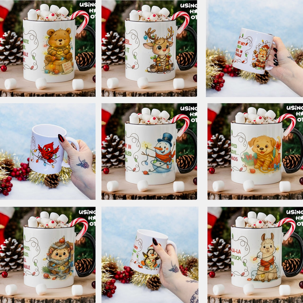 A 3x3 collage showing nine different white ceramic Christmas-themed mugs filled with marshmallows and topped with candy canes. Each mug features a different cute animal character illustration, including a teddy bear, reindeer, polar bear, red fox, snowman, puppy, rabbit, owl, and duck.