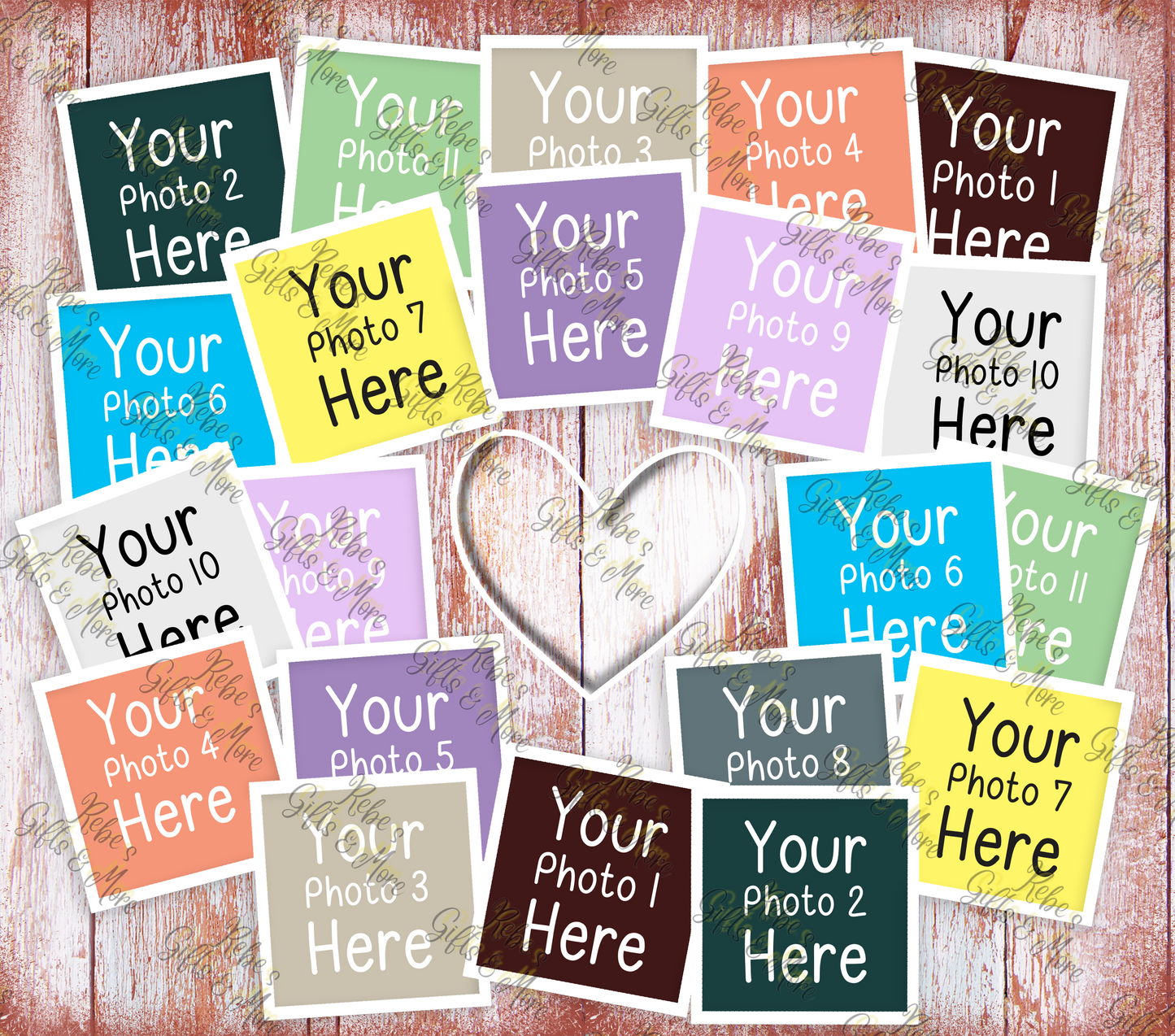 A set of colorful square photo placeholder cards arranged on a rustic whitewashed wood background, with a white heart-shaped card in the center. Each card shows generic text like 'Your Photo 1 Here' and 'Your Photo 2 Here' in black, with different card colors including teal, green, lavender, yellow, orange, brown, and white.