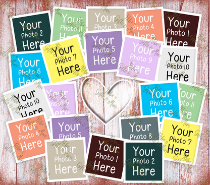 A set of colorful square photo placeholder cards arranged on a rustic whitewashed wood background, with a white heart-shaped card in the center. Each card shows generic text like 'Your Photo 1 Here' and 'Your Photo 2 Here' in black, with different card colors including teal, green, lavender, yellow, orange, brown, and white.