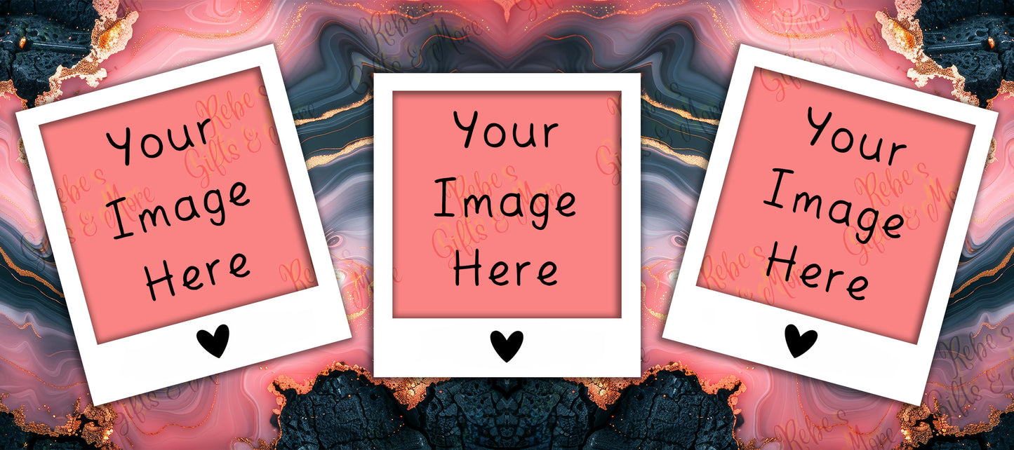 Three Polaroid-style photo frames with pink placeholder inserts and the text 'Your Image Here' are arranged on a pink and black marbled background.