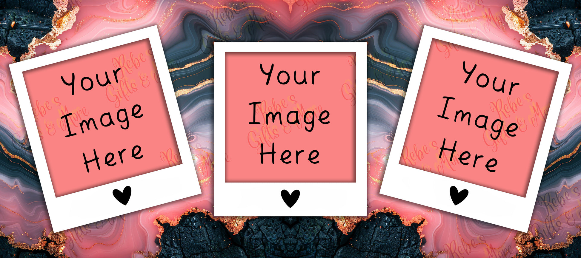 Three Polaroid-style photo frames with pink placeholder inserts and the text 'Your Image Here' are arranged on a pink and black marbled background.
