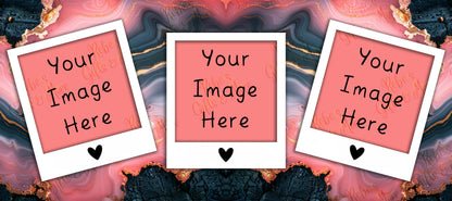 Three Polaroid-style photo frames with pink placeholder inserts and the text 'Your Image Here' are arranged on a pink and black marbled background.