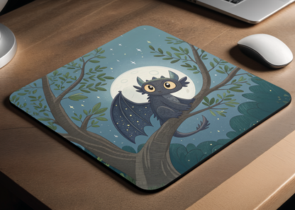 A rectangular desk mat with rounded corners sits on a wooden desk. The mat features an illustration of a cute dark blue bat perched on a tree branch in front of a full moon.