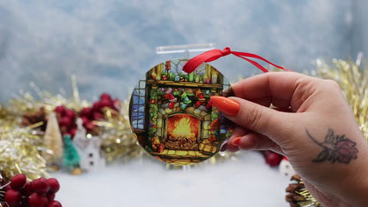 Video Showcasing a glass Christmas ornament showing a stainless effect stocking and fireplace scene