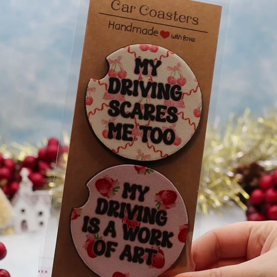 Video showcasing car coasters with sarcastic quotes 