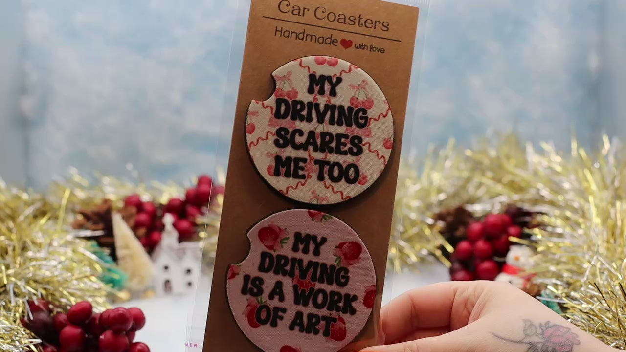 Video showcasing car coasters with sarcastic quotes 
