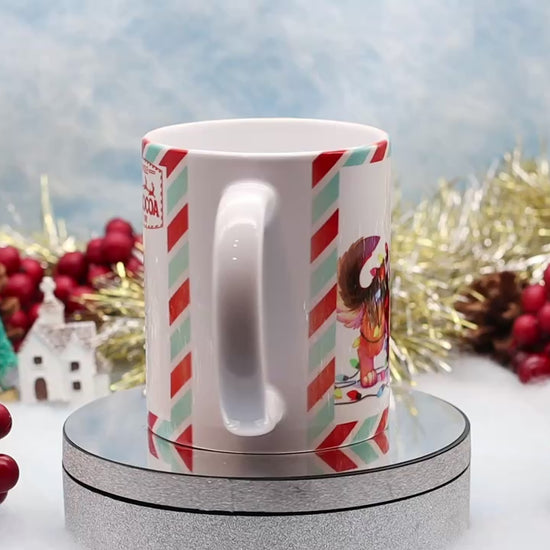 Video showing a German shepherd dog on a postcard style ceramic mug