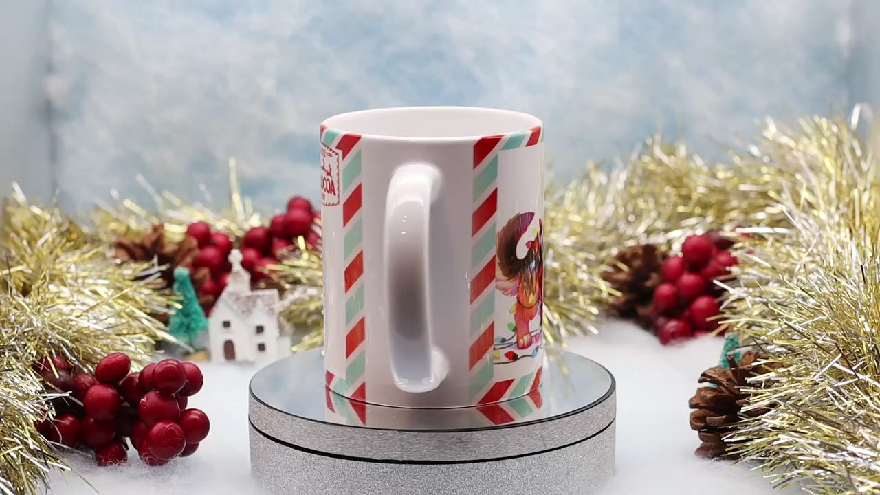 Video showing a German shepherd dog on a postcard style ceramic mug