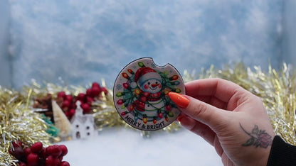 Video showcasing a car coaster featuring a Merry and Bright Cartoon snowman
