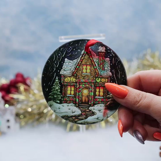 Video showcasing a glass frosted Christmas ornament featuring a gingerbread scene