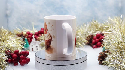 Video showcase a white ceramic mug with a gingerbread in cup