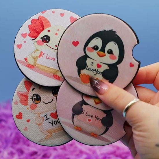 Video Showcasing 4 car coasters featuring cartoon animals with the I LOVE YOU theme
