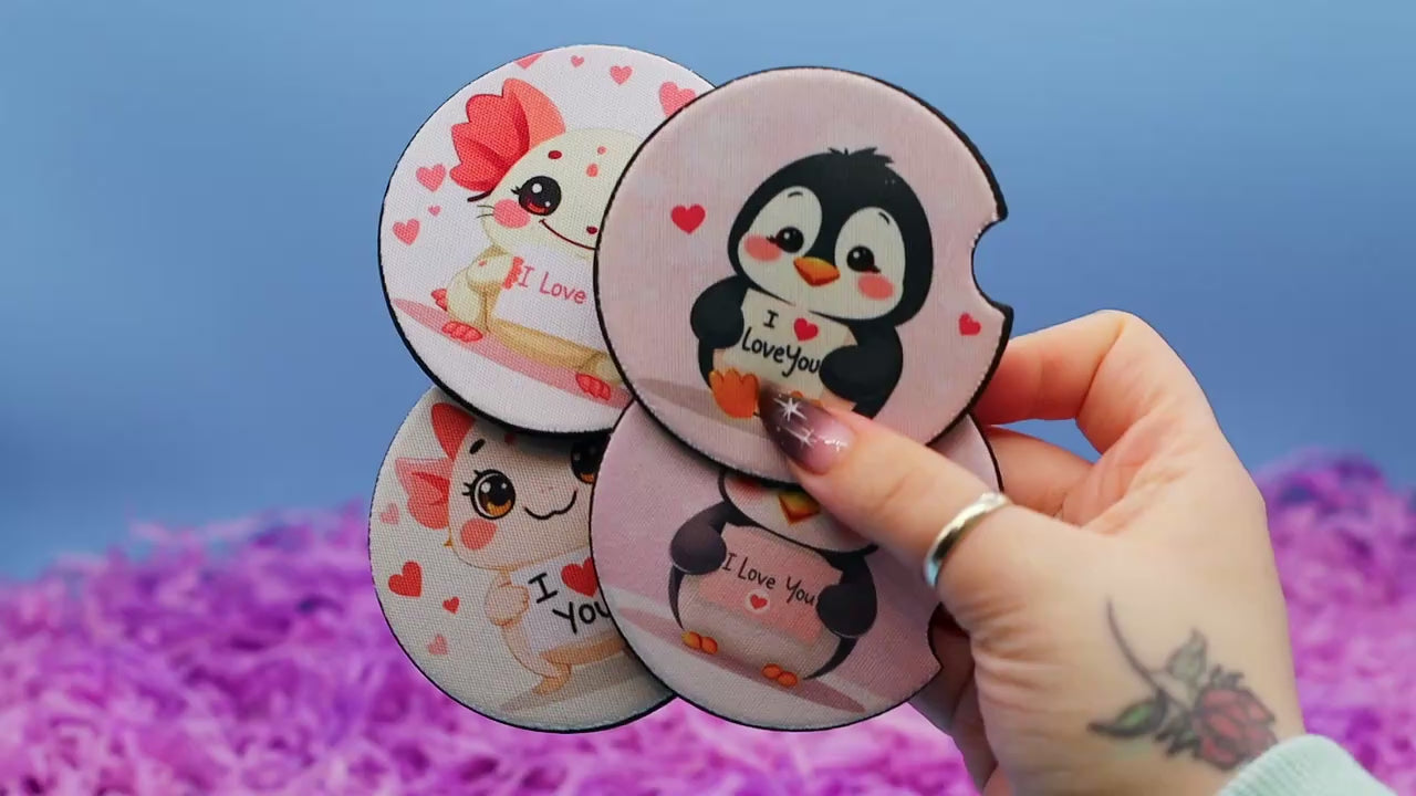 Video Showcasing 4 car coasters featuring cartoon animals with the I LOVE YOU theme