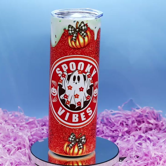 Video showcasing a spooky vibes 20oz stainless steel tumbler